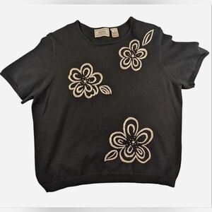 Alfred Dunner Adeline black short sleeve sweater embroidered flowers beading XL